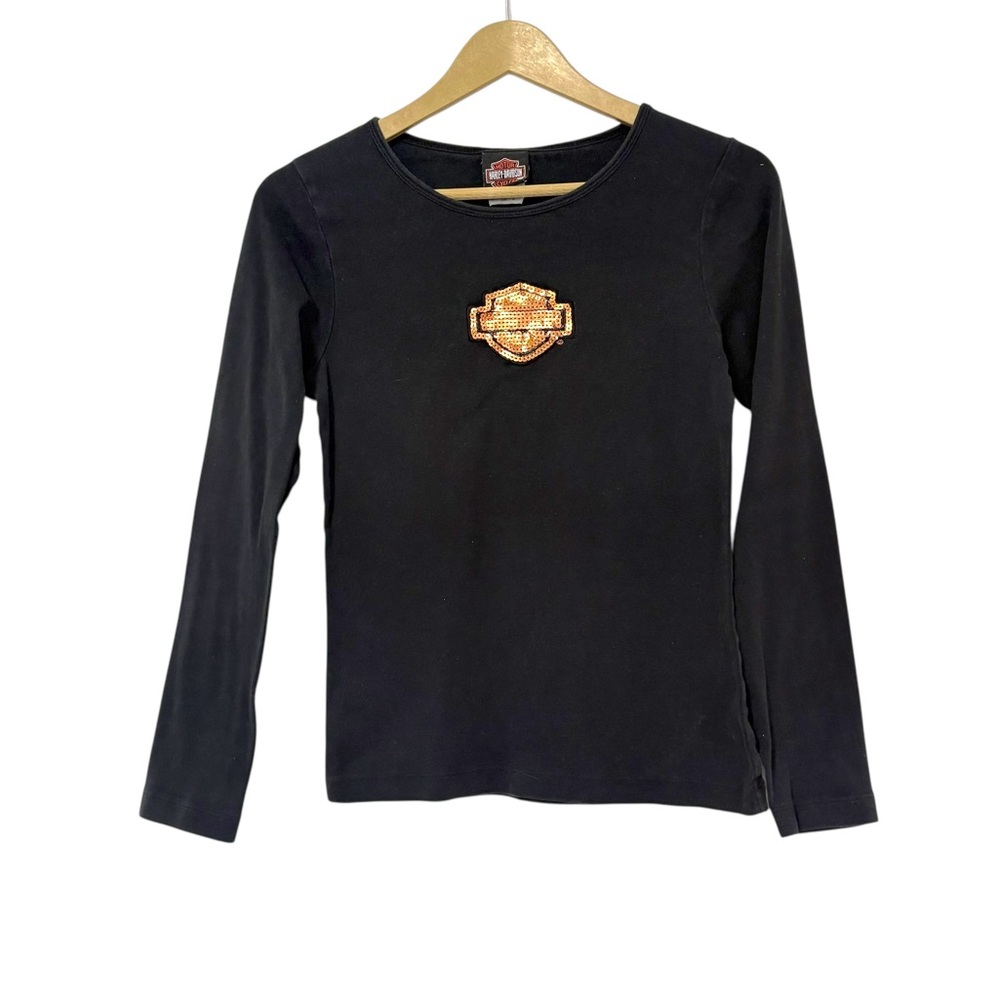 Harley Davidson Vintage Y2K Size Medium Black Orange Sequin Long Sleeve‎ Shirt